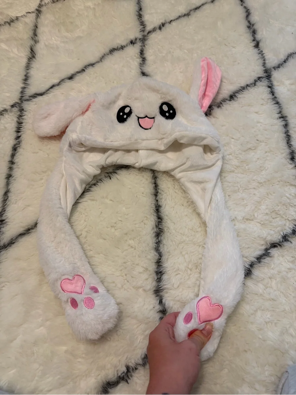 Cute Plush Bunny Ear Hat with Paws - White & Pink